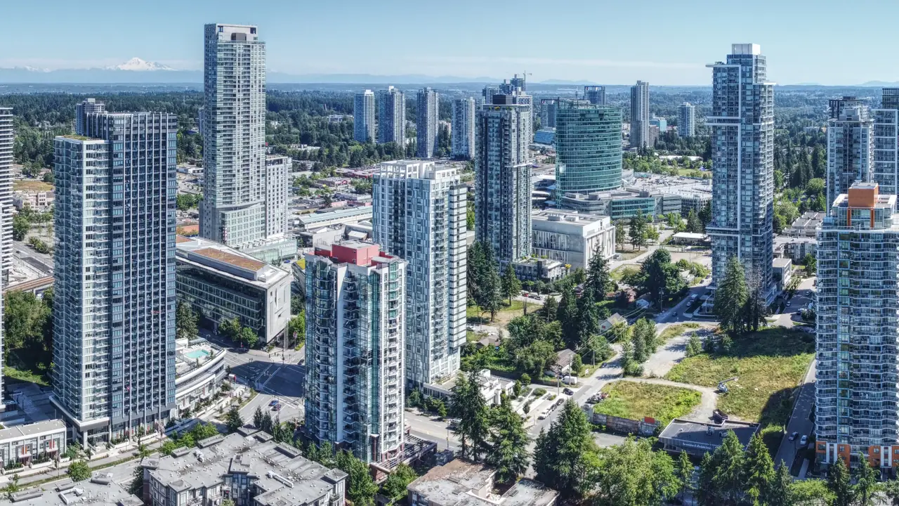 Aerial view of Surrey City Centre, British Columbia, the commercial district BC Freezer services for refrigeration