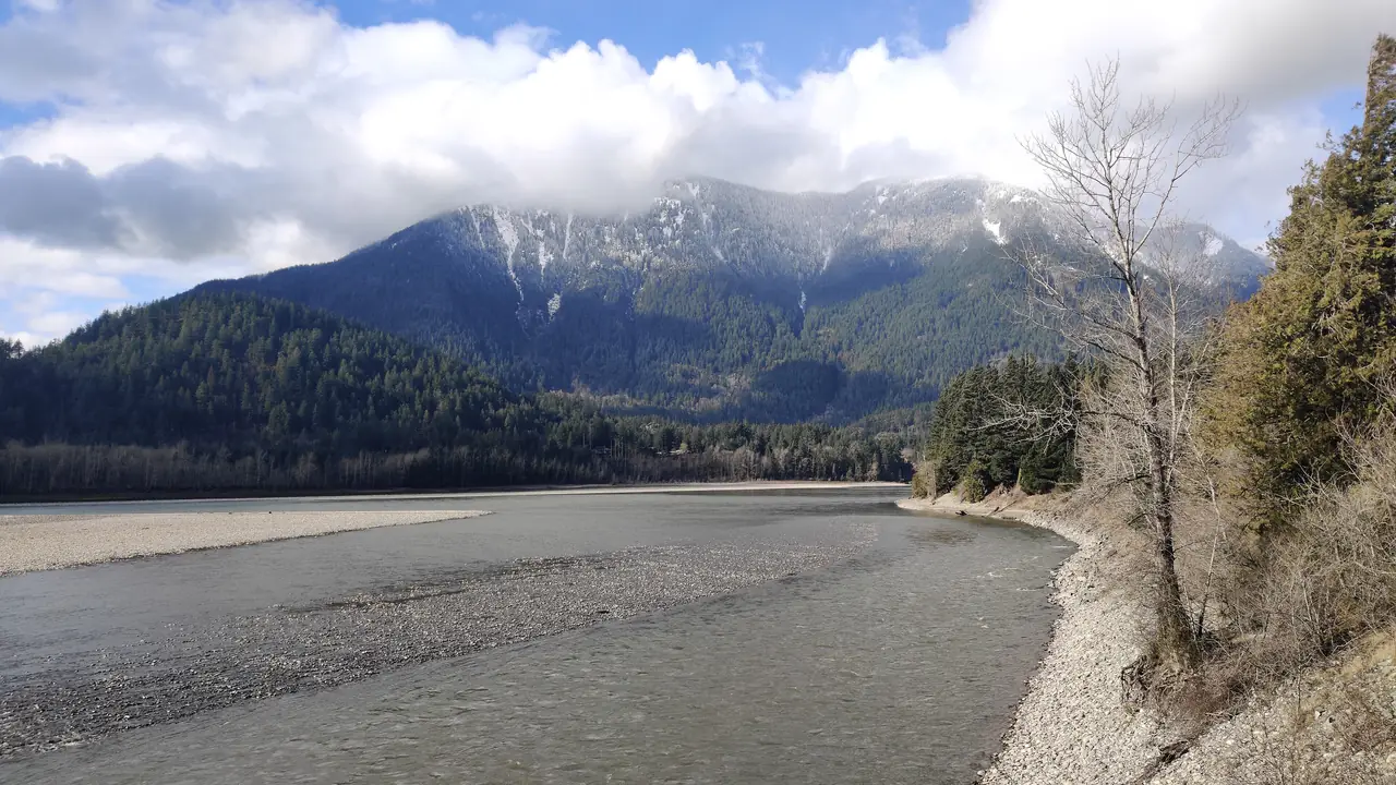 The Fraser River and the mountains at Hope, British Columbia, the highway junction town BC Freezer services for commercial refrigeration